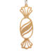 A handcrafted wooden Christmas tree ornament shaped like a wrapped candy, featuring intricate Victorian fretwork with twisted ends and a diagonal swirling stripe in the center.