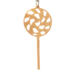 A handmade Christmas tree ornament crafted from light brown maple hardwood plywood, shaped like a lollipop with a round head featuring intricate spiral cutouts and a long stick handle, suspended from a small metal hook.
