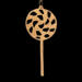A handmade Christmas tree ornament crafted from light brown maple hardwood plywood, shaped like a lollipop with a round head featuring intricate spiral cutouts and a long stick handle, suspended from a small metal hook.