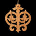 Intricate Victorian-style fretwork Christmas tree ornament handcrafted from natural hardwood with visible wood grain, showcasing symmetrical curls, loops, and ornate cut-out designs.