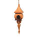 Handcrafted miniature wooden birdhouse ornament shaped like an icecicle with a pointed roof and base, featuring a rounded entrance hole and a perched bird, and made from reclaimed hardwoods finished with a satin shellac.