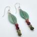 Handmade autumn leaf earrings with aventurine leaves and tourmaline beads in fall colors on stainless steel chain.