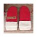 Handmade red wool baby mittens with ribbed beige cuffs, made from soft fleece; cozy thumbless winter mittens for infants & toddlers.