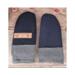 Handmade navy blue wool baby mittens with ribbed gray cuffs, made from soft fleece; cozy thumbless winter mittens for infants & toddlers.
