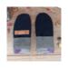 Handmade navy blue wool baby mittens with ribbed gray cuffs, made from soft fleece; cozy thumbless winter mittens for infants & toddlers.