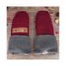 Handmade burgundy red wool baby mittens with ribbed gray cuffs, made from soft fleece; cozy thumbless winter mittens for infants & toddlers.