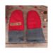 Handmade red wool baby mittens with ribbed gray cuffs, made from soft fleece; cozy thumbless winter mittens for infants & toddlers.