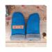 Handmade teal blue wool baby mittens with ribbed gray cuffs, made from soft fleece; cozy thumbless winter mittens for infants & toddlers.