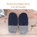 Pair of wool navy blue thumbless baby mittens with text ‘Perfect for Babies from 0 to 36 Months’; soft fleece winter mittens for toddlers.
