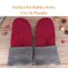 Pair of wool burgundy red thumbless baby mittens with text ‘Perfect for Babies from 0 to 36 Months’; soft fleece winter mittens for toddlers