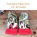 Pair of thumbless baby mittens with red cardinals & text ‘Perfect for Babies from 0 to 36 Months’; soft fleece winter mittens for toddlers.