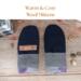 Pair of warm and cozy wool navy blue baby mittens with knit gray ribbed cuffs; thumbless winter mittens for babies and toddlers.