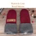 Pair of warm and cozy wool burgundy red baby mittens with knit gray ribbed cuffs; thumbless winter mittens for babies and toddlers.