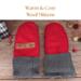Pair of warm and cozy wool red baby mittens with knit gray ribbed cuffs; thumbless winter mittens for babies and toddlers.