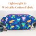 Back of handmade axolotl print belt bag—lightweight washable cotton with colorful aquatic pattern and adjustable strap.