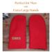 Pair of red extra large mittens displayed on rustic wood; soft wool winter gloves for xl large handed men.