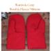 Pair of warm and cozy red wool men's mittens on rustic wood background — winter extra large mittens for men.