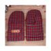 Handmade red plaid men's wide mittens, made from soft fleece with a leather tag on top; cozy winter mittens for men with wide hands.