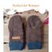Women’s handmade brown fleece mittens with navy cuffs and faux leather tag shown flat on wood under text “Perfect for Women.”