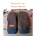 Handmade women’s brown fleece mittens with navy cuffs and faux leather tag, shown flat on rustic wood under “Warm & Cozy Fleece Mittens.”