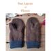 Women’s handmade brown fleece mittens with navy cuffs shown on rustic wood background under text “Two Layers of Fleece.”
