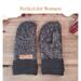 Pair of black and white speckled fleece regular sized mittens; soft fleece lined winter gloves for women.