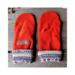 A cozy pair of teen, small woman’s handmade mittens crafted from soft rust orange fleece with patterned cuffs; handmade & winter ready.