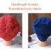 Back view of a hand knit reversible beanie in rust wool and navy sherpa fleece. Handmade texture & soft slouchy shape.