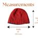 Flat lay of rust-colored wool and silk blend knit hat lined with navy fleece, shown with labeled width and height measurements.