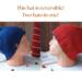 Side-by-side image showing reversible hand knit hat worn with navy side out and rust side out, demonstrating slouchy fit.