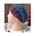 A hand knit acrylic & wool beanie in ombre blue & purple ribbing stretchy stitch pattern. For children and preteens ages 10, 11, 12, 13, 14.