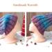 A hand knit acrylic & wool blend hat styled two ways. Rich cozy ribbed blue & purple stitches provide warmth and stretch. For ages 10 to 14.