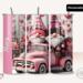 Three views of personalized pink gnome couple with vintage truck on 20 oz tumbler. Custom name shown vertically in white; gift-ready design.