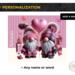 Horizontal name option shown on pink gnome couple design, 
Personalized name in Smooth Fantasy font on tumbler
