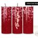 Personalized red glitter-look hearts 20 oz skinny tumbler, three views with vertical name; sublimation print, not real glitter.
