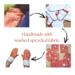 Photo collage showing handmade mitten process with upcycled fabric — includes fleece material, cut pattern pieces, and finished mittens.