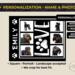 Personalization layout showing six photo frames and vertical name placement for custom dog tumbler.