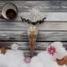 Single handmade reindeer hot cocoa cone styled with whipped cocoa, snowflakes, and Christmas props on wood background

