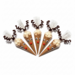 Fan arrangement of reindeer hot cocoa cones filled with homemade cocoa mix on a clean white background
