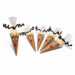 Set of five handmade reindeer hot cocoa cones with homemade cocoa mix displayed on a white background