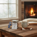 Handmade Winter Warm Up hot cocoa jar beside steaming mug on wooden table with cozy fireplace in background