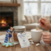 Handmade Winter Warm Up hot cocoa jar beside steaming mug being stirred, styled with winter cookies and cozy fireplace background