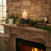 Neutral wood slice candle centerpiece on mantel with greenery and pinecones, rustic holiday home decor