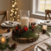 Rustic Valentine wood slice candle centerpiece styled on dining table with pine greenery, pinecones, and red heart decor
