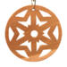 A handmade wooden Christmas tree ornament, circular in shape, crafted from light brown wood with a natural grain pattern. It features an intricate, symmetrical cutout design resembling a star or snowflake, with multiple pointed shapes radiating from a central hole. The ornament is attached to a small metal hook for hanging, showcasing its rustic and festive craftsmanship.