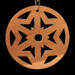 A handmade wooden Christmas tree ornament, circular in shape, crafted from light brown wood with a natural grain pattern. It features an intricate, symmetrical cutout design resembling a star or snowflake, with multiple pointed shapes radiating from a central hole. The ornament is attached to a small metal hook for hanging, showcasing its rustic and festive craftsmanship.