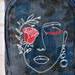 Lady with Rose on Denim Rose print  Cross Body Water Bottle Sling Bag with wallet pocket. close up of embroidery