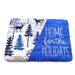White background with medium, dark, and navy blue pine trees and deer woodland print. Also bright blue with white machine embroidered lettering.