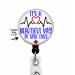 Badge reel with a Velcro badge top that can be placed on a reel and changed for a different top when desired.