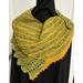Green and yellow hand knit beaded shawl with picot edge